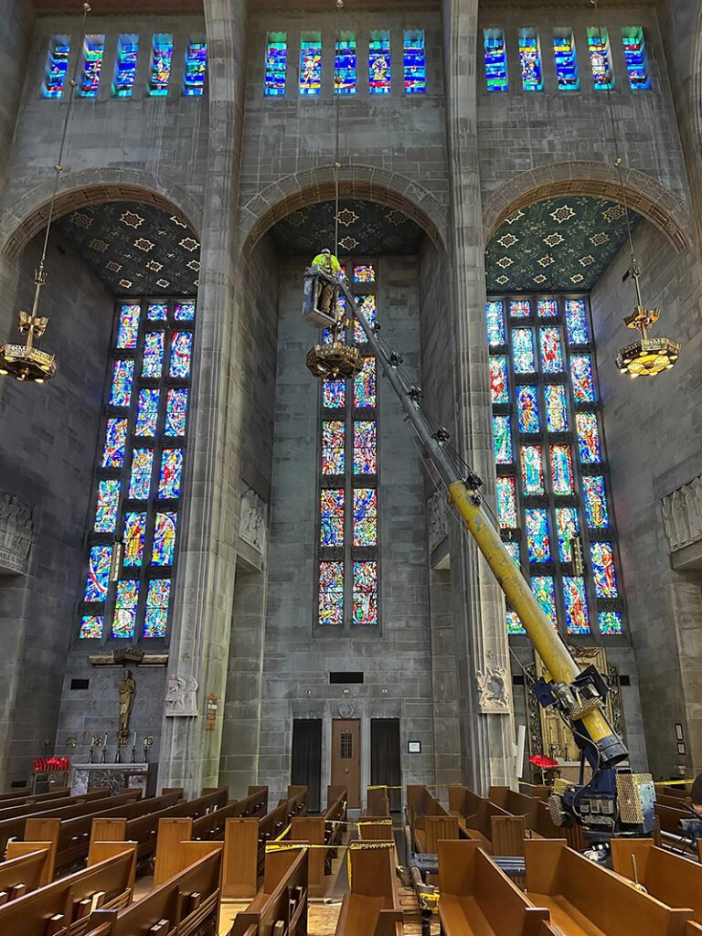 Hirsch Electric upgrades light fixtures at Cathedral of Mary our Queen.